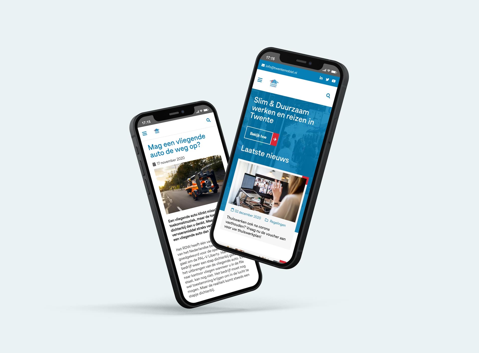 Homepage en nieuwsbericht van de Twente Mobiel-website op twee smartphones
