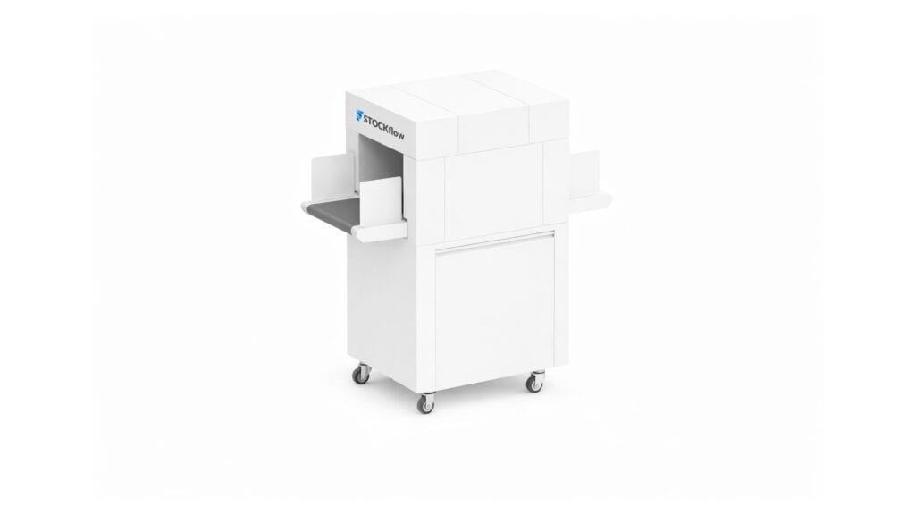 Compacte witte STOCKflow RFID-box op wielen voor in-line gebruik