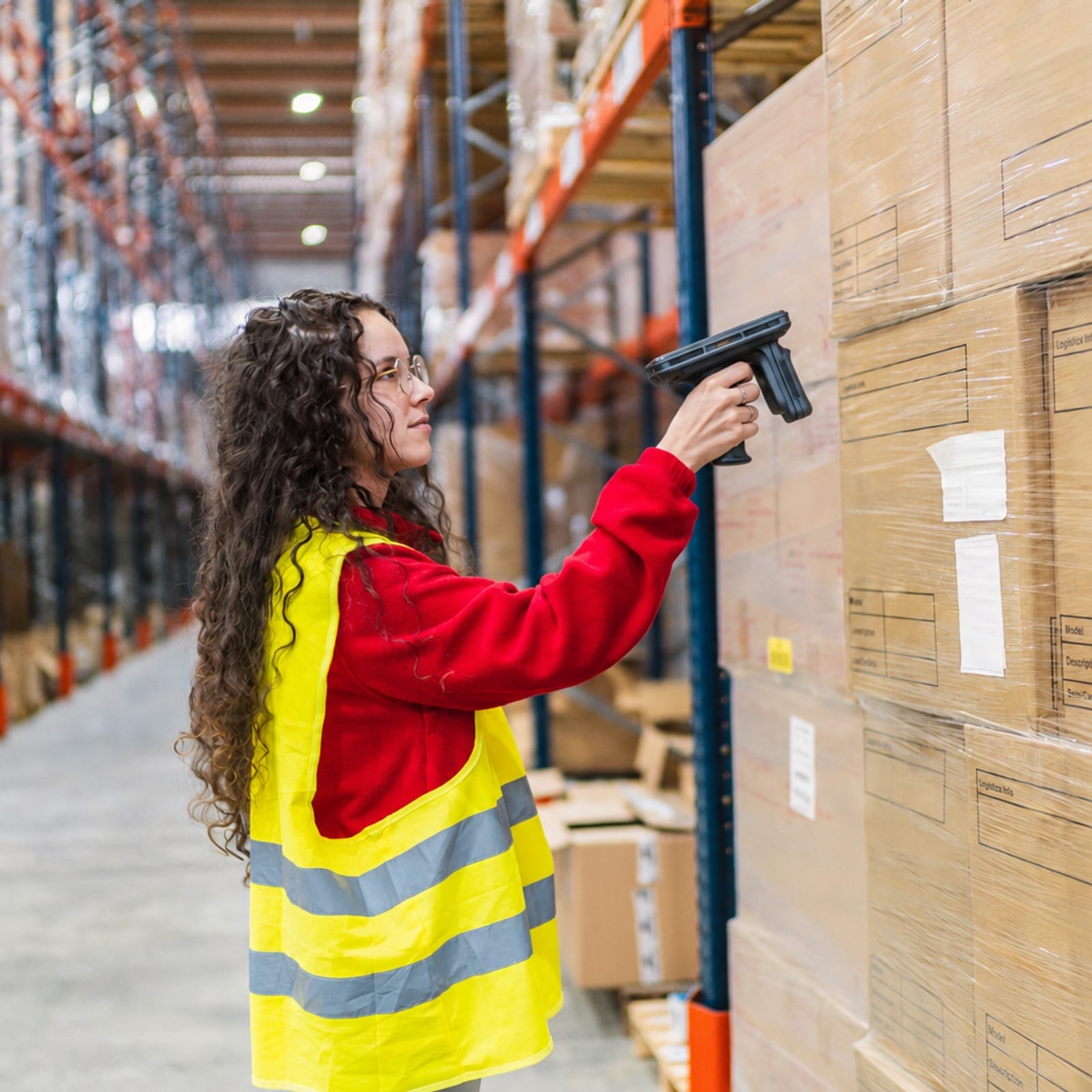 Medewerker leest een pallet uit met een RFID-reader in het magazijn