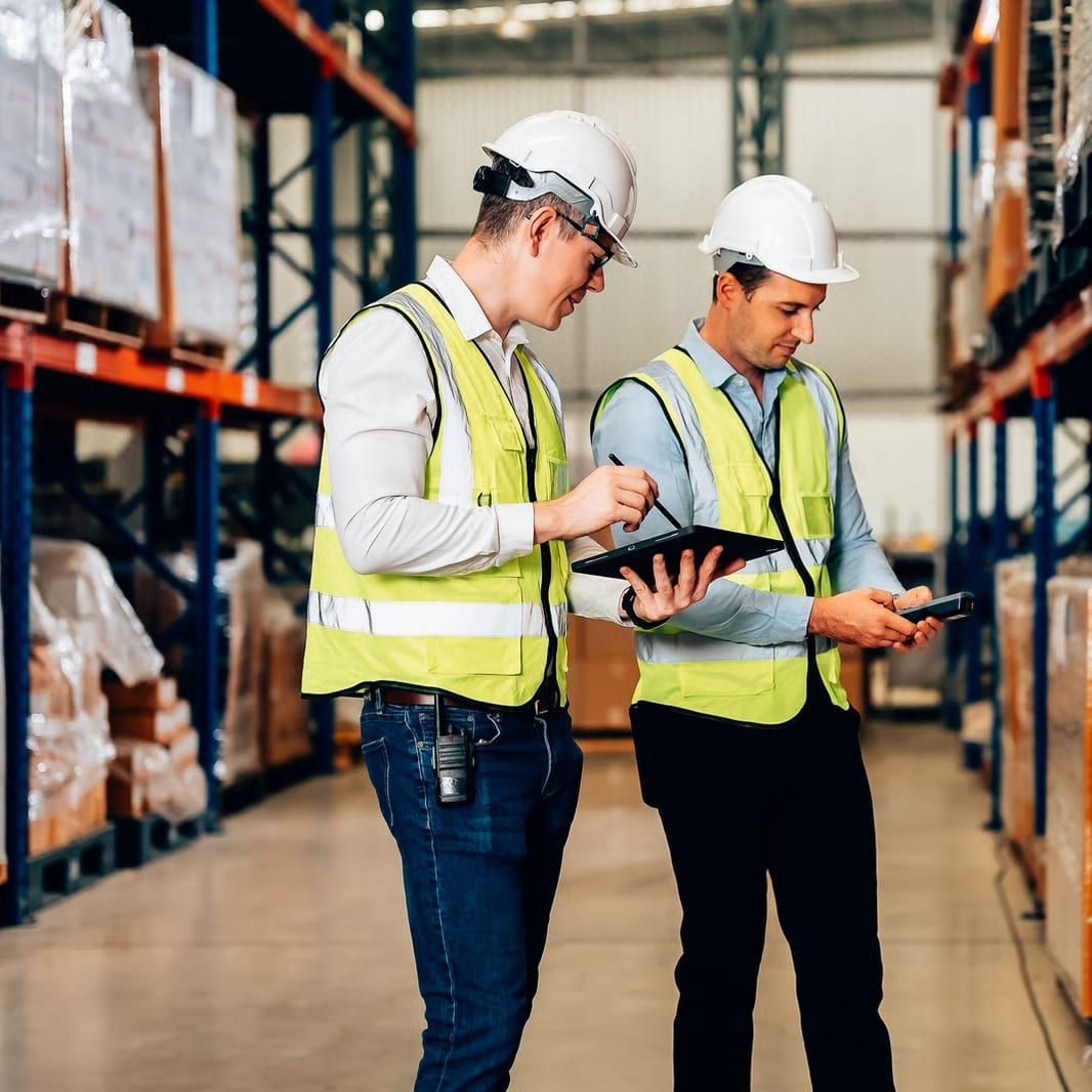 Twee mensen bespreken de resultaten van een RFID proof of concept in een magazijn