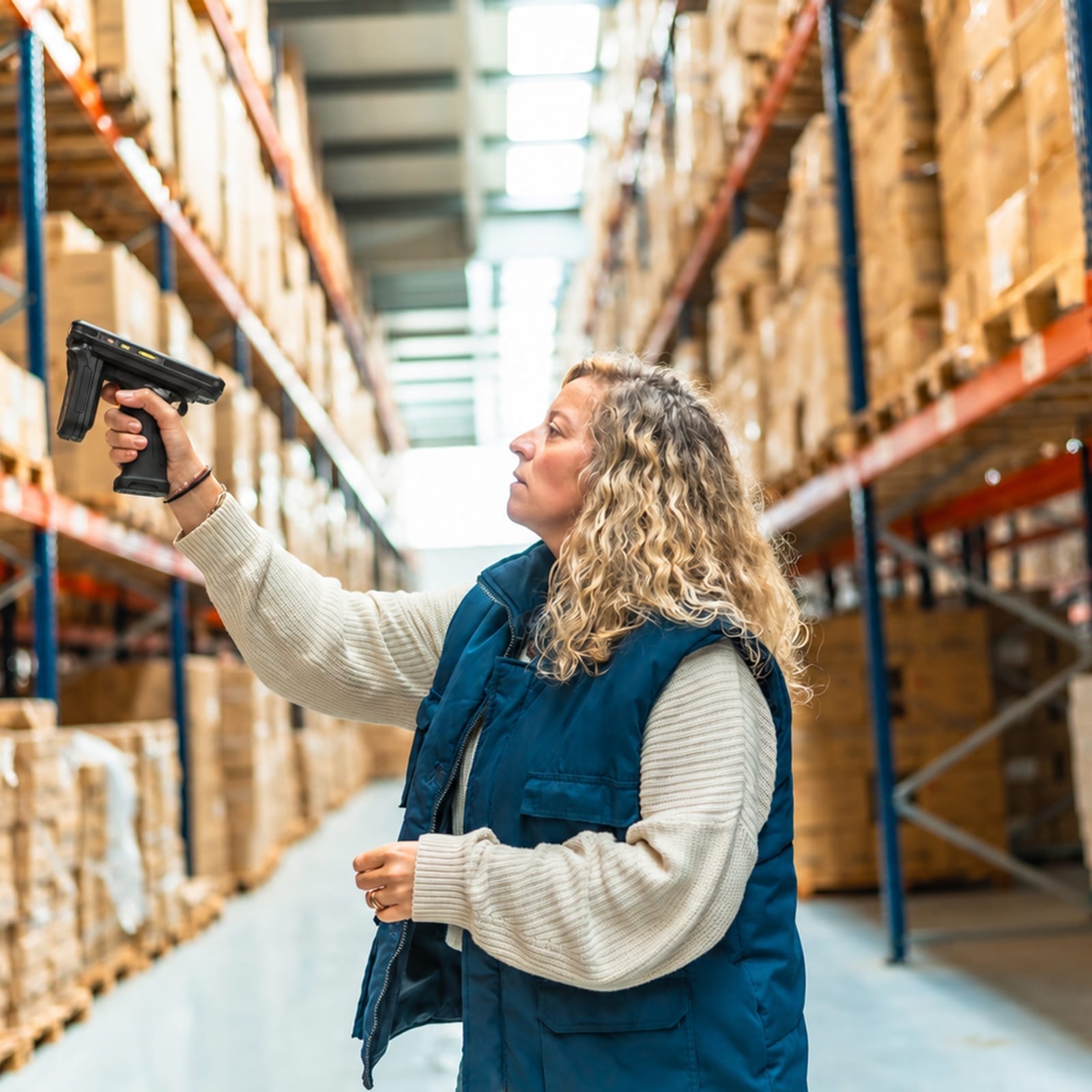 Medewerker zoekt met een RFID-reader naar een artikel in de stelling